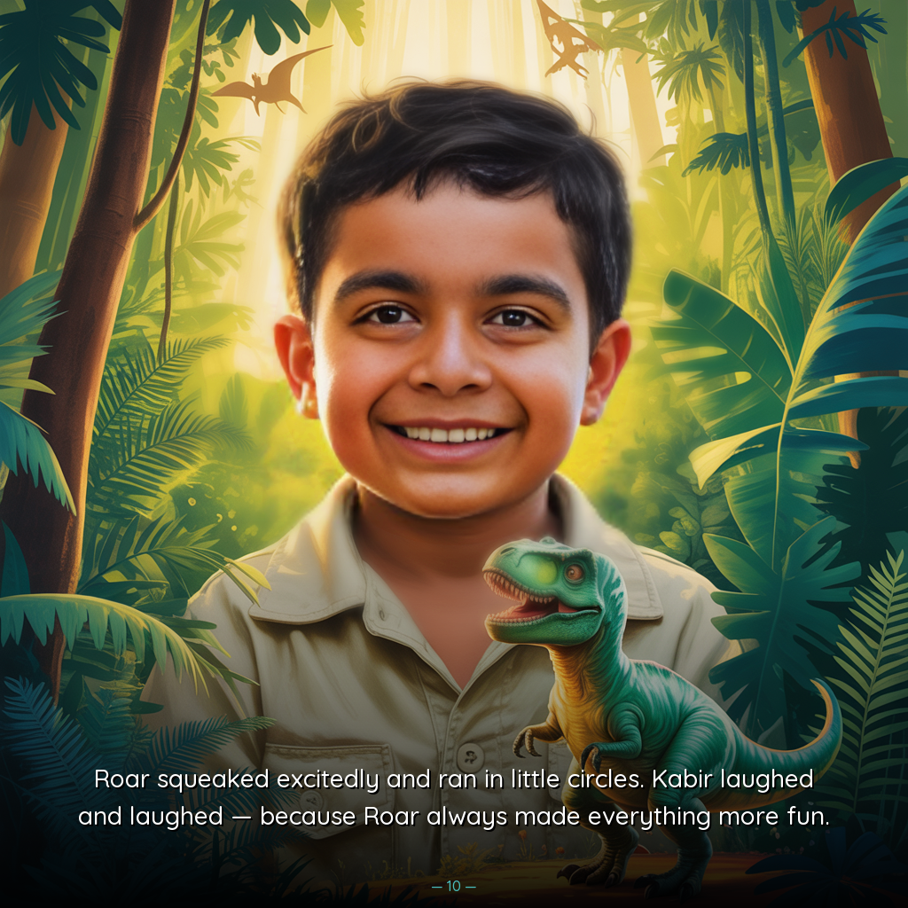 Personalized books for kids - child laughing with Roar the baby T-Rex in the jungle