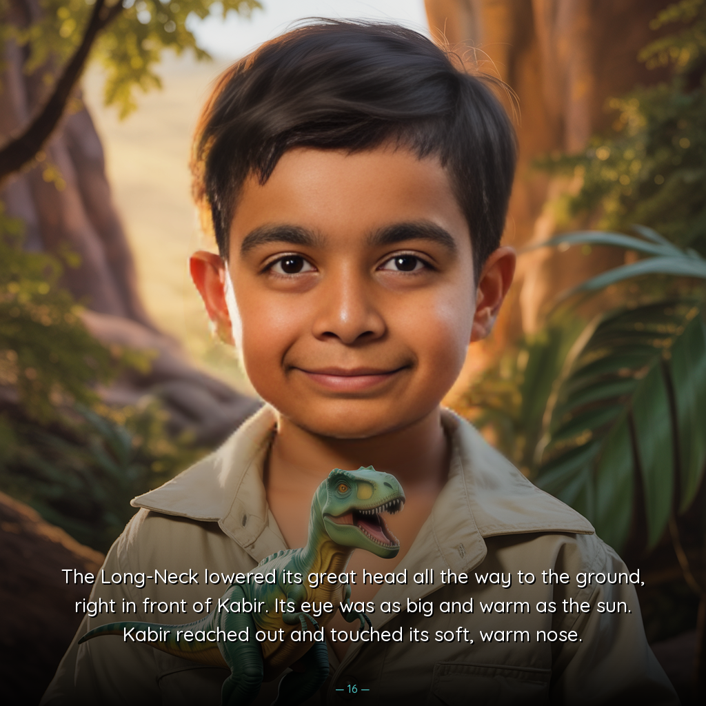 Custom dinosaur book - child meeting a giant long-neck sauropod dinosaur