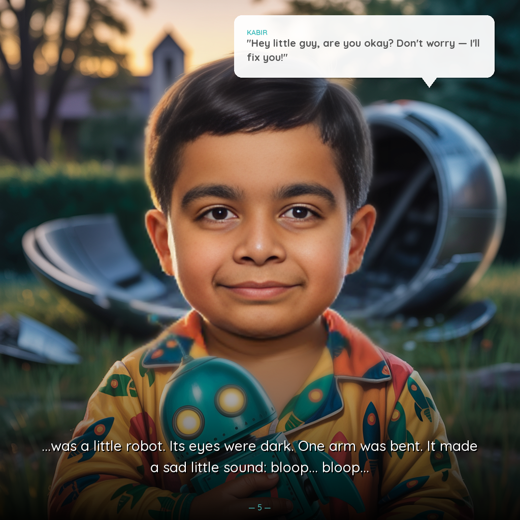 Personalized space adventure page - child blasting off into space with Bloop the robot in personalized picture books - अंतरिक्ष की कहानी